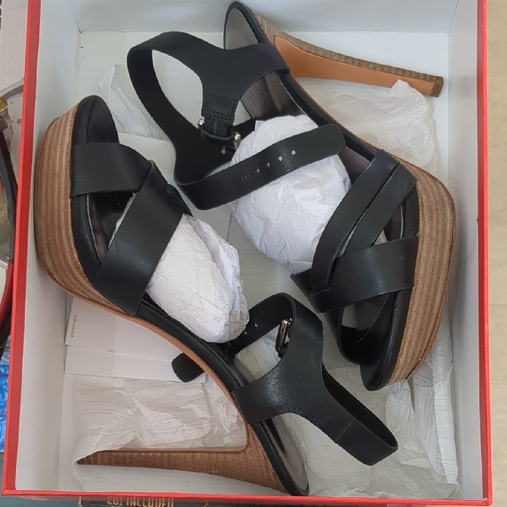 Coach Brand Dani vegan leather Stacked Heels With Ankle Strap